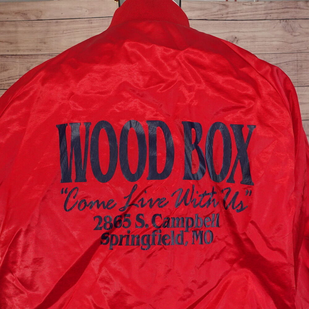 VINTAGE WOOD BOX SPRINGFIELD MO MISSOURI USA MADE‎ SATIN BOMBER JACKET SZ XL